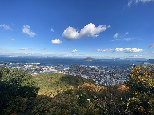 峰山公園の展望台から海を見渡す