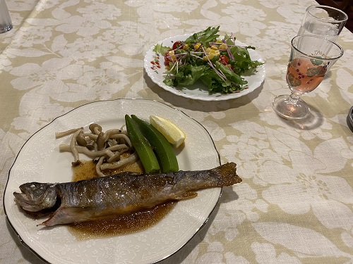 白い星の夕食の魚料理とサラダ、食前酒