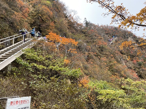 石鎚山の岩肌の階段と紅葉