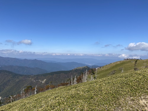 剣山山頂の熊笹と遠くの山並みの見える山頂