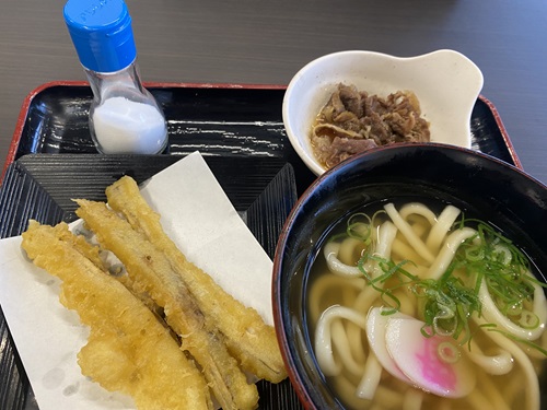 旅行帰りの資さんうどんのうどんとごぼうの天ブラとお肉