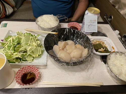 ホタテの刺身などウスタイベ千畳岩の駐車場で食べた晩御飯