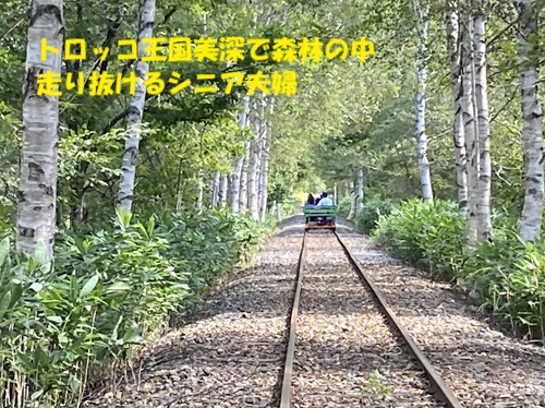 トロッコ王国美深で森林の中走り抜けるシニア夫婦