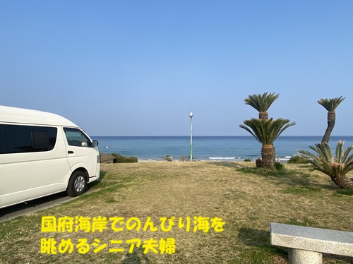 国府海岸でのんびり海を見るシニア夫婦