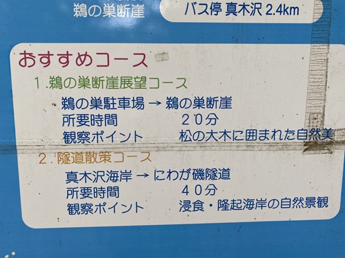 散策所要時間を紹介した鵜の巣断崖にある散策路の案内看板（一部拡大）