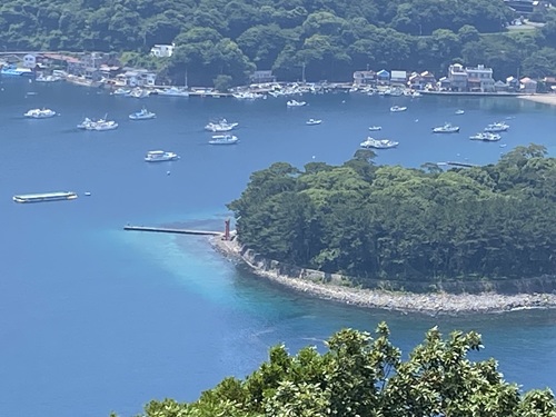 出会い岬から見た御浜岬の先にある鳥居