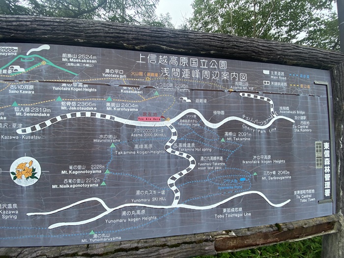 登山口にある浅間連峰の案内看板