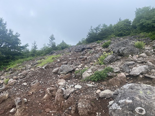 黒斑山の石と土の歩きにくい登山道